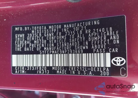 2022 Toyota Corolla Le from USA, damaged, VIN 5YFEPMAE9NP293669